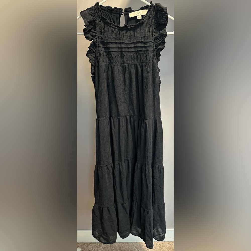 LOFT size MP Black Tiered Midi Dress with Ruffle Sleeves